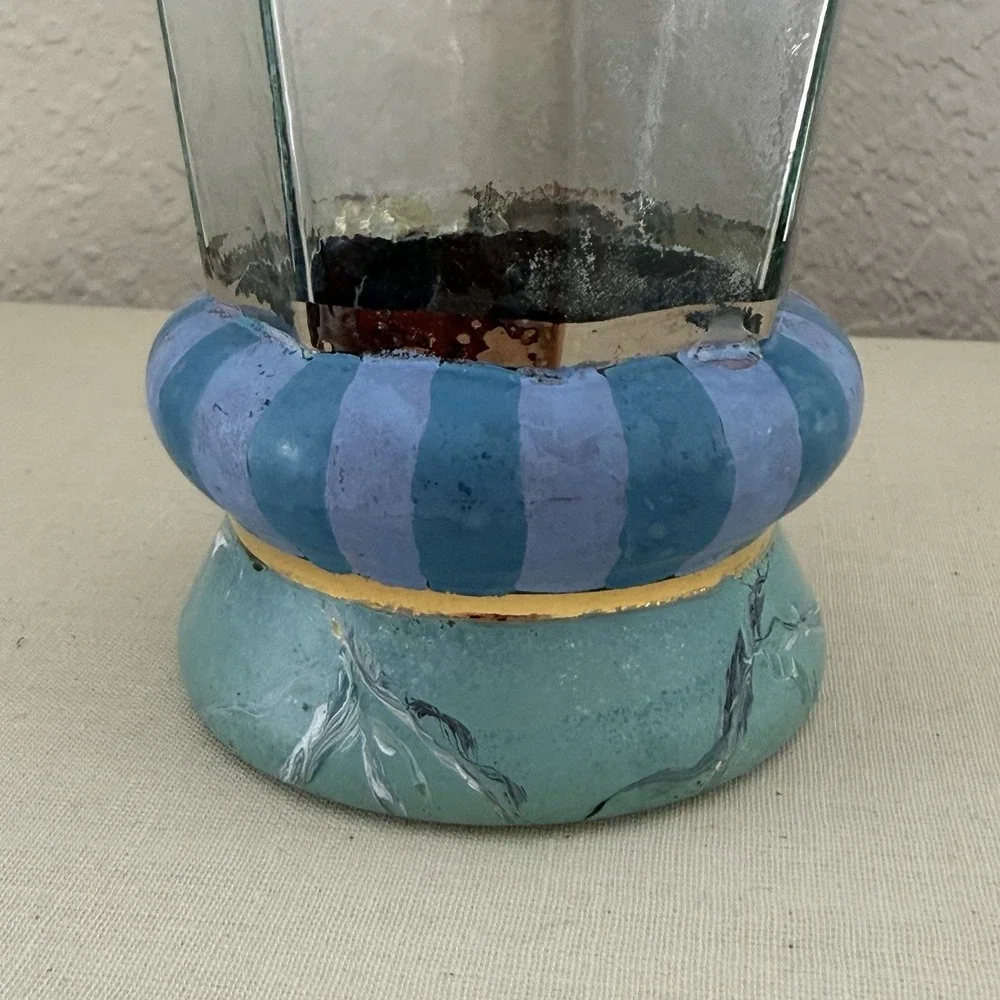 Vtg 80s 90s Mackenzie Childs Glass Cups Circus Purple Stripe Marble Octagon